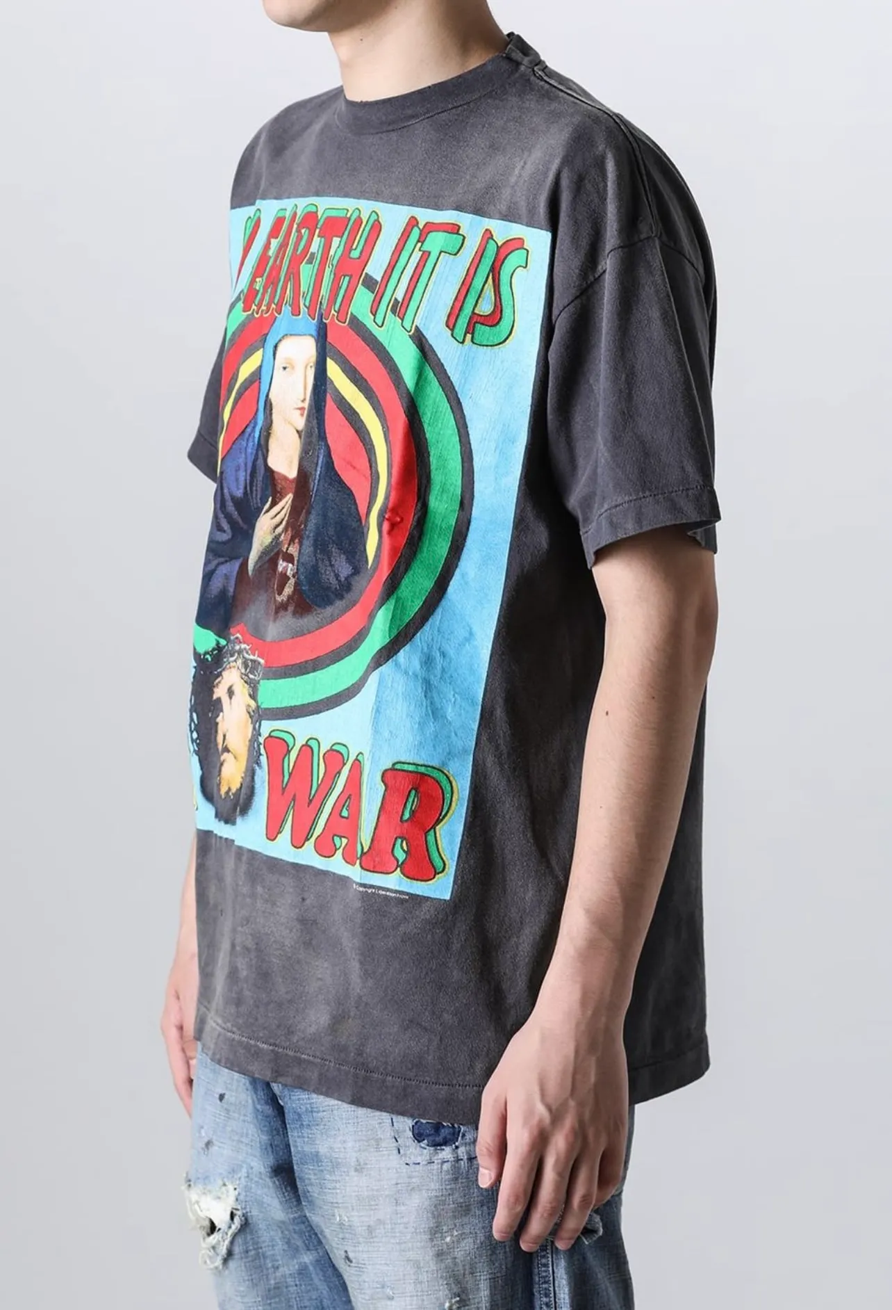 SAINT MICHAEL SS TEE/ON EARTH/BLK Jesus, Mary, Holy Infant Earth TEE Ready-to-wear Assut special piece dyeing, washed and distressed Vintage process, front and rear super complex super large printing, top purchasing agent technology